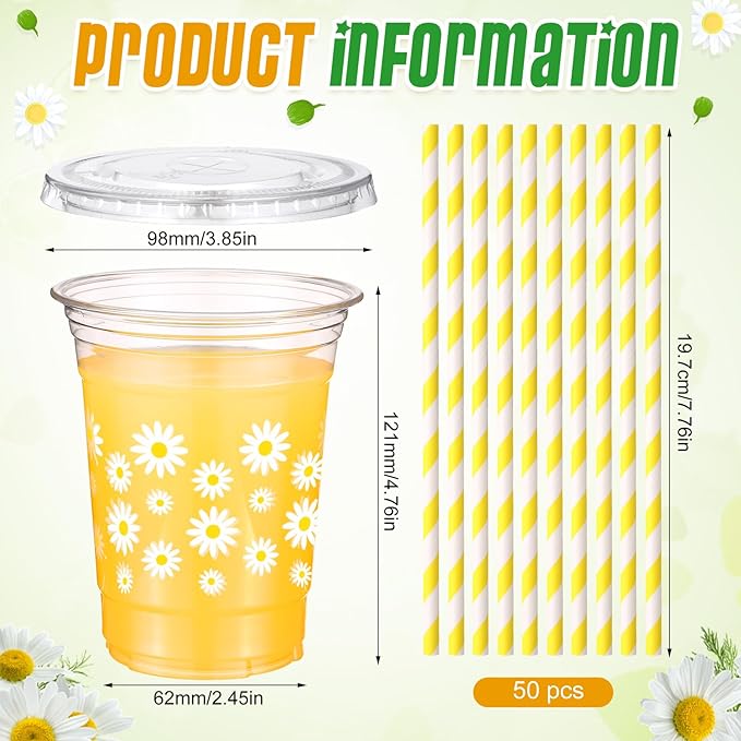 Yungyan 50 Sets Daisy Groovy Plastic Cups with Lids and Straws 16 oz Coffee Juice Drinking Cups for Daisy Party Decoration Summer Birthday Baby Shower Party Supplies