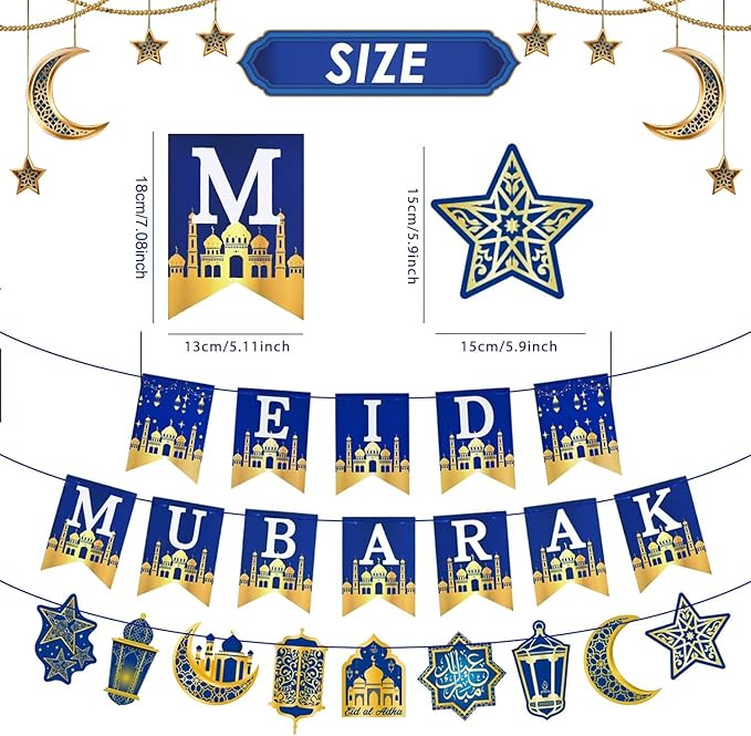 AhfuLife Eid Mubarak Banner Decorations, Pre-tied Eid Mubarak Bunting Banner Party Supplies for Home Outdoor Umrah Mubarak Party Decor Moon Star Garland