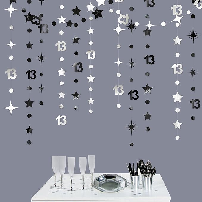 Silver Black 13th Birthday Decorations Number 13 Circle Dot Twinkle Star Garland Hanging Streamer Bunting Banner Backdrop Girls Boys 13 Years Old Birthday Thirteen Official Teenager Party Supplies