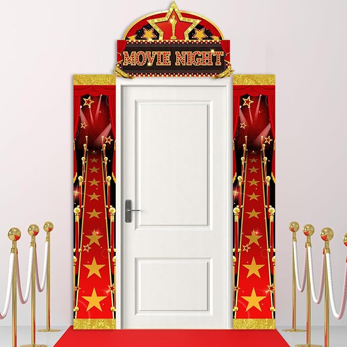 Namalu 3 Pcs Movie Night Door Decorations Red Carpet Runner Porch Sign Movie Star Party Decorations for Home Film Photo Props Theater Birthday Theme Backdrop Party Supplies