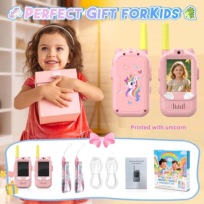 Video Walkie Talkies for Kids,ELFEYE Handheld Rechargeable Video/Voice Call Children Walkies Talkies,Toddler Toy for Indoor Outdoor Games,Camping Hiking,Gift for Kids Ages 3-12 (Pink/Pink)