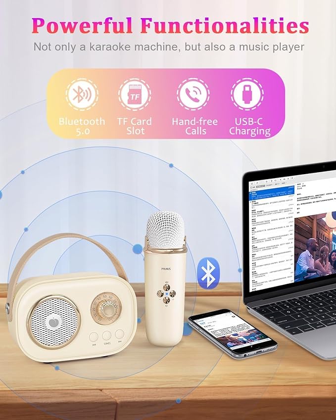 PRUNUS C20 Mini Karaoke Machine,Valentines Day Gifts for Her Him Kids Mens,Portable Bluetooth Speaker with 2 Wireless Microphone for Boys Girls 3-12+ Years Old Birthday Party Beige