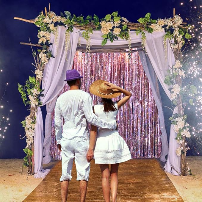 Pink Tinsel Foil Curtain Unicorn Party Supplies Fun Photo Booth Backdrop Props for Baby Shower Wedding Girls Birthday Iridescent Party Decorations(2 Packs, 3.2 * 6.5 Ft)