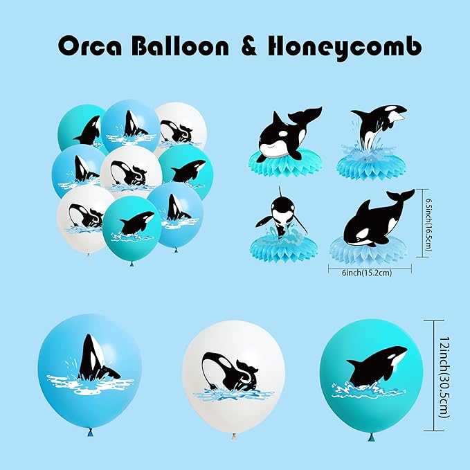 Orca Birthday party Decorations Killer Whale theme party Supplies Include Banner Balloons Cake Topper Cupcake Toppers Invitation Cards Tabletop Honeycomb Decorations