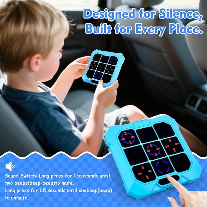 Tic Tac Toe Game, 6-in-1 Electronic Tic Tac Toe with Mute & Rechargeable - Handheld Travel Board Game for Kids Ages 4+, Adults, Family - Educational Learning Toy for Boys Girls，Blue