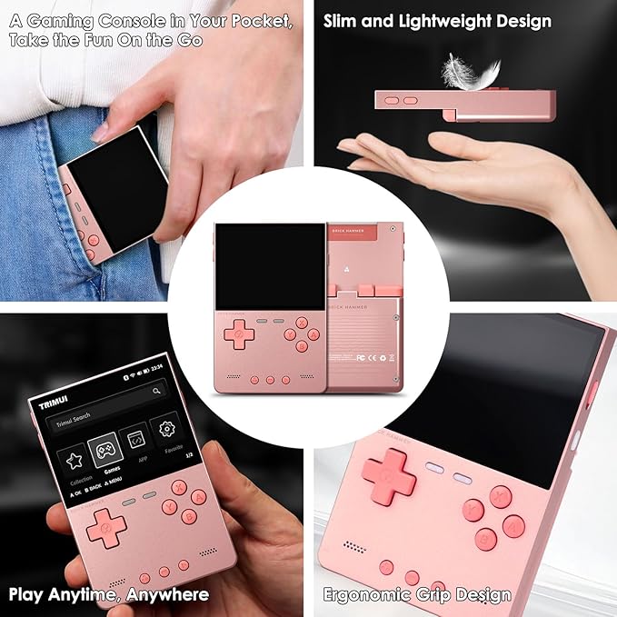 Trimui Brick Hammer Handheld Game Console with 3.2 inch IPS Screen and 3000mAh Battery, Retro Video Games Console with Pre-Installed 64GB TF Card and WiFi Function (Rose Gold)