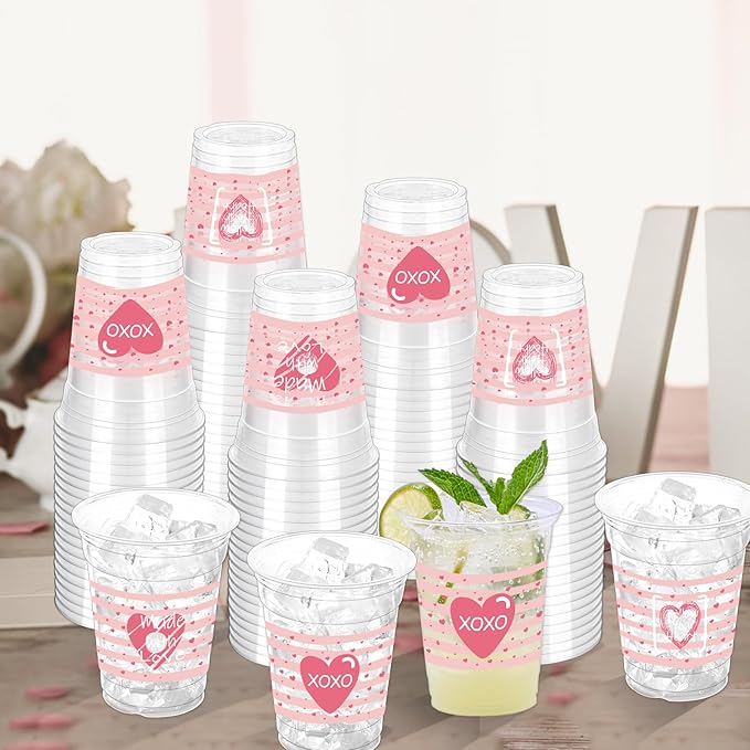 100 Pcs Valentine's Plastic Cups,12 oz Valentine's Disposable Cups Valentines Party Theme Cups Pink Red Heart Cups for Anniversary Wedding Birthday Dinner