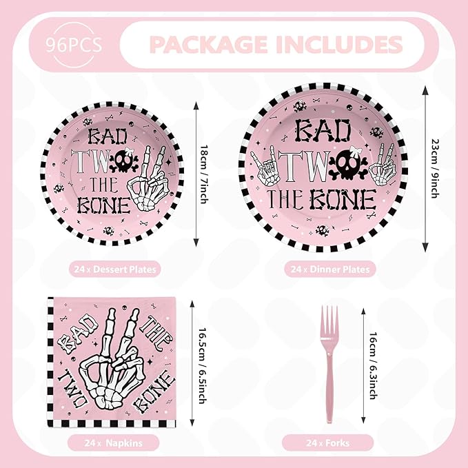 Grencian 96 Pcs Bad Two The Bone Party Decorations Girl Pink Skeleton 2nd Birthday Plates and Napkins Rock and Roll Tableware Set for Girls Music Theme 2 Year Old Birthday Party Supplies Serves 24