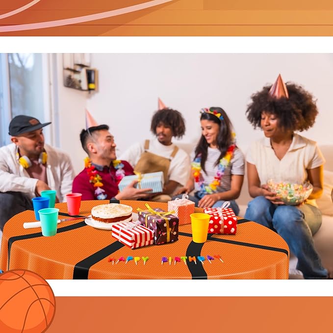6 Pack Round Basketball Tablecloth 84 Inch Plastic Basketball Party Decorations Disposable Table Cloth Washable Disposable Circle Table Cover for Birthday Party Supplies Decoration