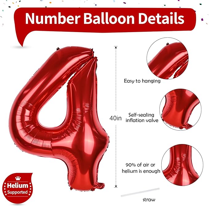 Red Number Balloons, 40 Inch 0-9 Set Number Balloons for Women Men Birthday, Self Inflating Large Balloon with Foil for 4th Birthday Party Decorations Anniversary Party Decor Girls Boys Supplies