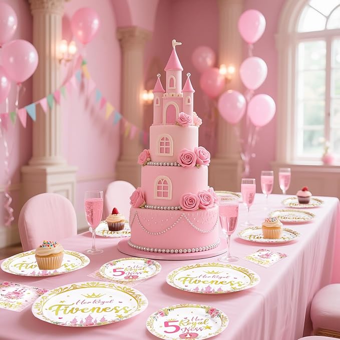 Grencian 96Pcs Princess Birthday Decorations Pink Princess 5th Birthday Party Plates and Napkins Disposable Her Royal Fiveness Paper Tableware for Girls 5 Year Old Castle Party Supplies, Serves 24