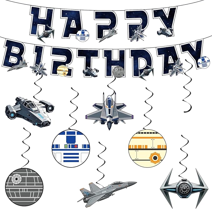 Galaxy Wars Birthday Decorations Outer Space Happy Birthday Banner Black Stars Science Fiction Party Hanging Swirls Streamers Ceiling Decor for Universe Space Star Themed Party Supplies Wall Decor