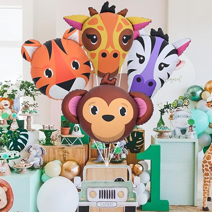 4pcs Large Jungle Safari Animal Balloons (23–34 In), Tiger Giraffe Zebra Monkey Head Foil Balloons for Kid Boys Jungle Safari Theme Birthday Party Wild One Zoo Woodland Baby Shower Party Decorations