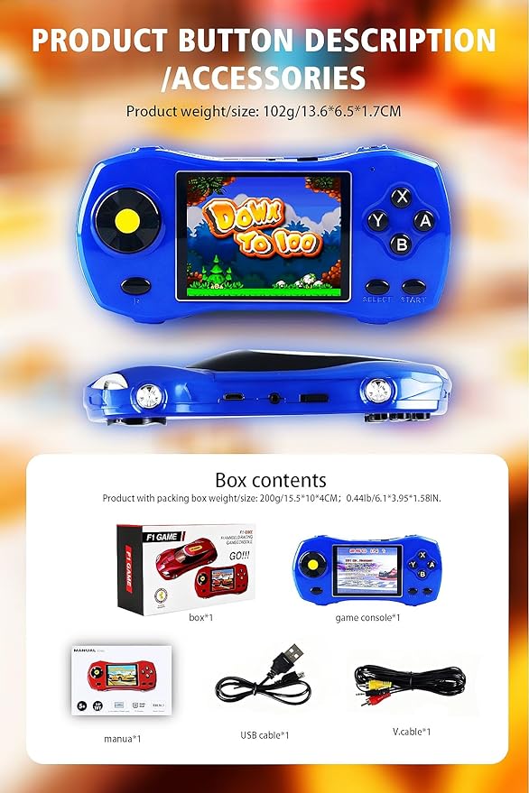 Children Game Console 3-inch Screen Sports car Design 250 64-bit Games TV Connectable Portable Video Games for Indoor/Outdoor/Travel Perfect Birthday/Holiday for Kids