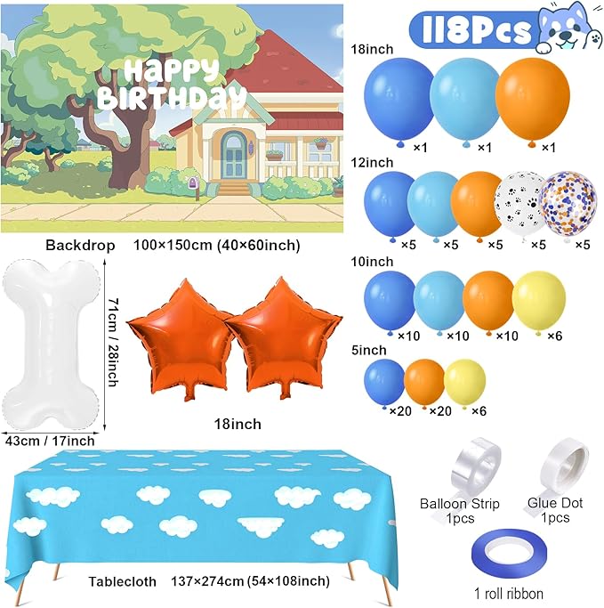 118 Dog Blue Party Decorations Birthday Supplies Paw Balloons Garland Arch Kit Backdrop Tablecloth Bone Balloon for Boys Girls Kids Theme Birthday Decor