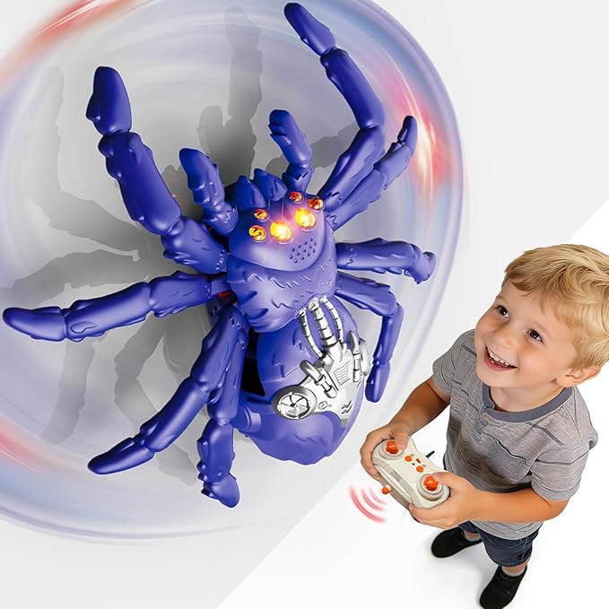 Wall Crawling Spider, Rechargeable Remote Control Robot Toy for Kids with LED Eyes and 360° Stunts, Wall Climbing Funny Prank Toys Birthday Gifts for Boys & Girls Ages 3-5 4-6 7-8 (Blue)