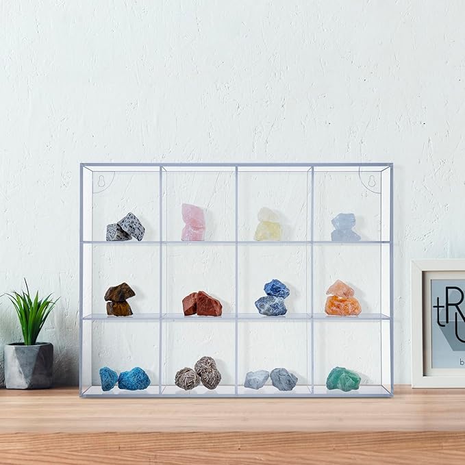 MyGift Acrylic Figure Display Case, Funko Pop Shelves 3 Tiers-12 Compartments, Collectibles, Crystals & Stones, Shadow Box Organizer Wall Mount or Desktop(15.5" W x 11.5" H)