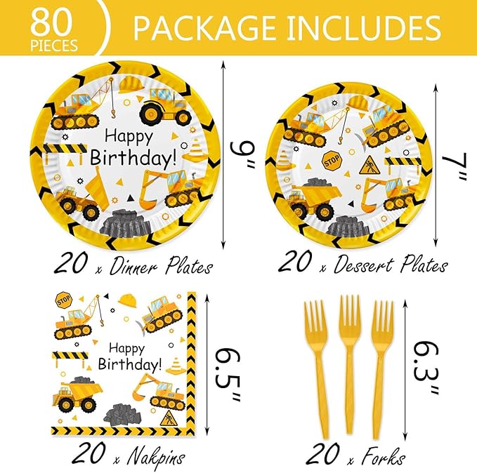 118 Pcs Construction Birthday Party Decorations Dump Truck Paper Plates Napkins Forks Cups Tablecloth Banner Dinnerware for Construction Baby Shower 1st 2nd 3rd 4th Birthday Party Supplies