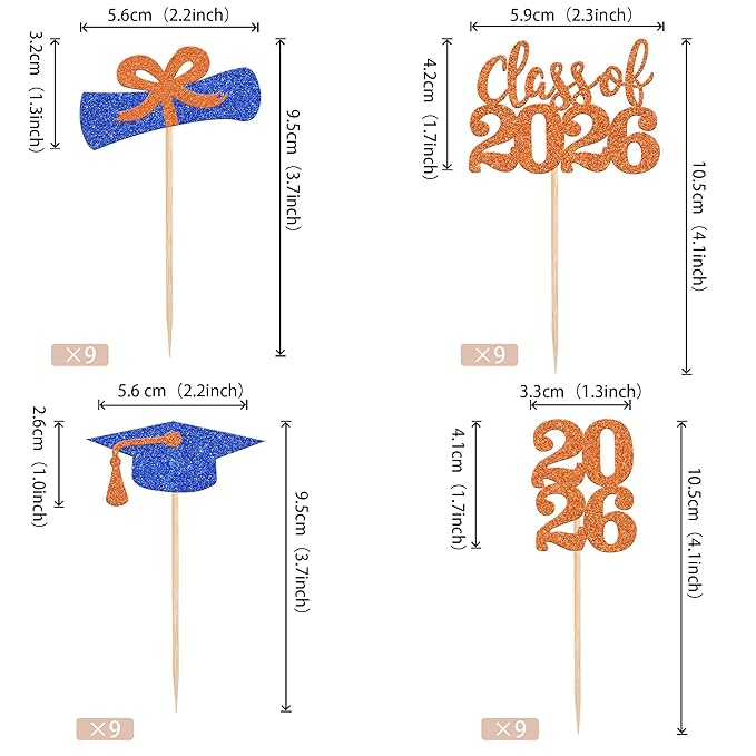 36 PCS Glitter 2026 Graduation Theme Cupcake Toppers Diploma Class of 2026 Graduation Cap Cupcake Picks for Class of 2026 Graduate Theme Party Cake Decorations Supplies Blue Orange