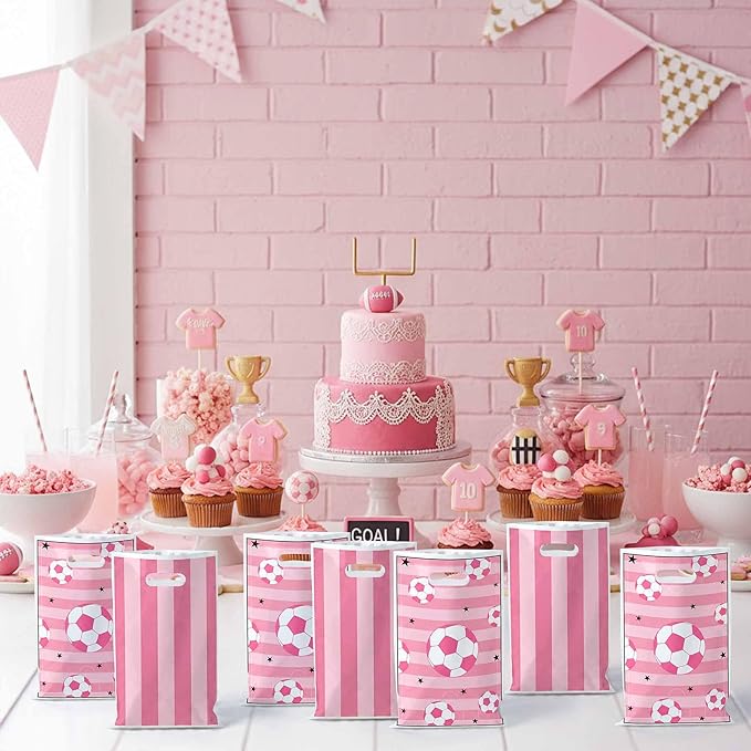 50Pcs Pink Soccer Party Favor Bags, Soccer Theme Plastic Candy Goodie Treat Gift Bag with Handles Football Team Sport Party Supplies Birthday Decoration Gift for Football Lovers