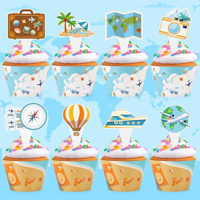 48 Pack Travel Cupcake Toppers and Wrappers, World Travel Party Cake Decoration for Adventure Travel Theme Birthday Party Baby Shower Supplies