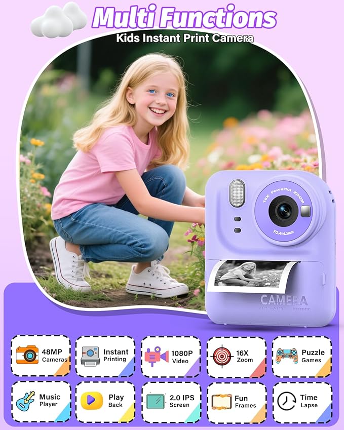 Kids Camera Instant Print Photo, Portable Thermal Printing Camera Toy with HD Digital Video, for 3-12 Years Old Boys Girls, Creativity & Learning (Purple)