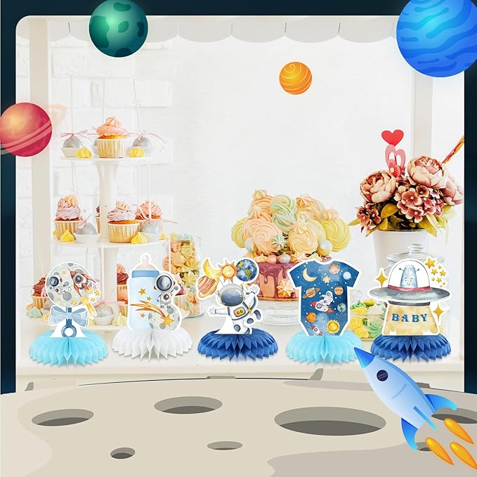 12 Pcs Outer Space Baby Boy Shower Decorations Welcome It's a Boy Baby Shower Honeycomb Centerpieces Blue Astronaut Rocket Bottle Planet Table Topper Table Decoration for Birthday Party Favors