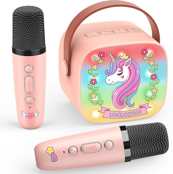 Mini Karaoke Machine for Girls : Unicorn Kids Girls Easter Birthday Gifts Age 3-12+ Basket Stuffers LED Portable Bluetooth Speaker with 2 Wireless Microphone Gift for 4 5 6 7 8 9 Years Old Girl Kid