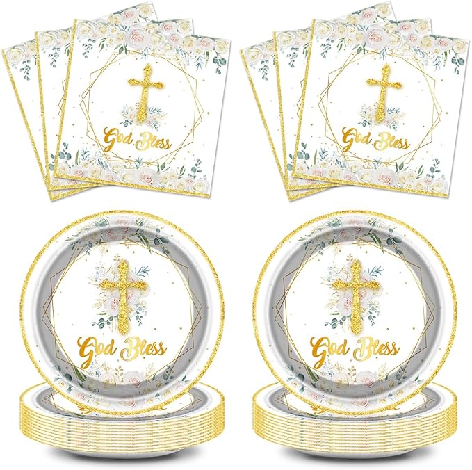 God Bless Plates and Napkins Baptism Theme Party Supplies, First Holy Communion 20 Plates, 20 Napkins for Newborn Baptism Church Cross Party Decoration