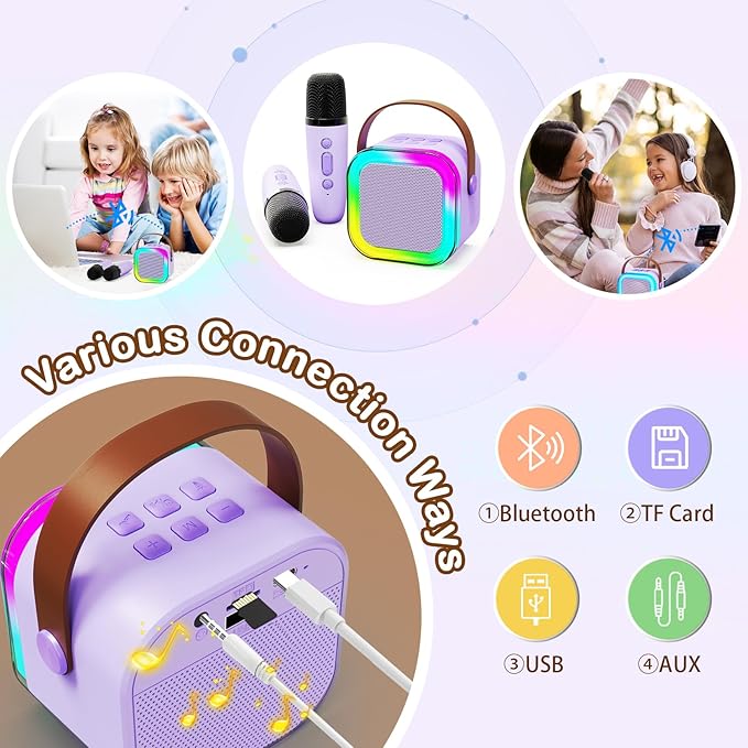 ShinePick Kids Karaoke Machine with 2 Wireless Microphones Portable Bluetooth Mini Karaoke Machine Speaker Kids Toys Christmas Birthday Gift for 3 4 5 6 7 8 9 10 11 12+Year Old Girls Boys (Purple)