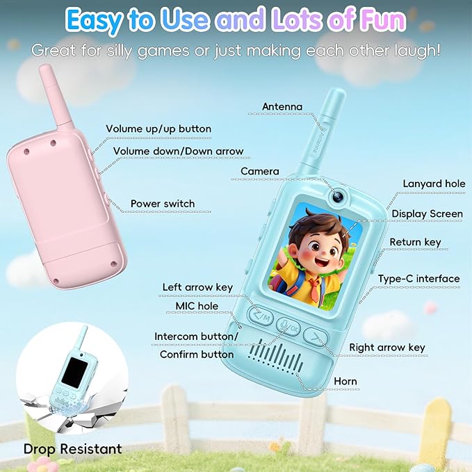 Artman Video Walkie Talkies for Kids, 2 Pack Rechargeable Walkie Talkies with Screen, Long Range Two Way Radios Toys for Family Games, Outside, Camping, Birthday for Boys Girls Ages 3-12 (Blue & Pink)