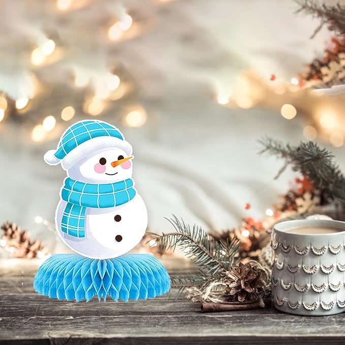 9Pcs Winter Wonderland Decorations 3D Snowflake Honeycomb Table Centerpieces for Frozen Winter Blue White Theme Christmas Baby Shower Birthday Party Supplies (Snowman Blue)