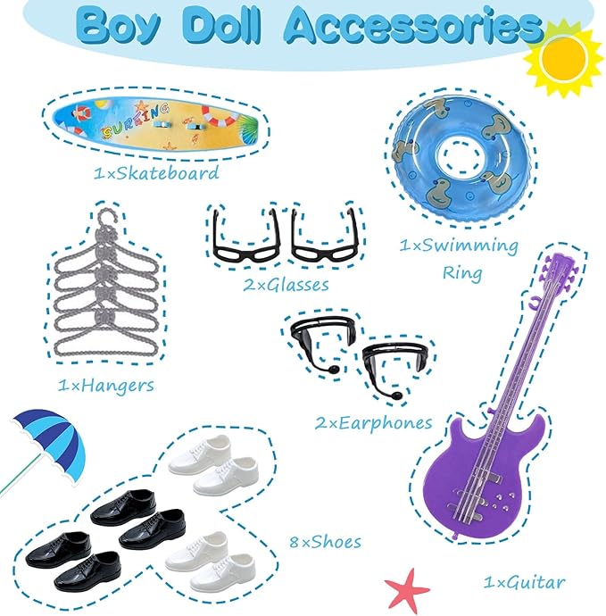 33 PCS Doll Clothes and Accessories Doll Including 5 Tops 5 Pants Casual Wear in Random 4 Pair of Shoes Hangers Glasses Earphone Guitar Surfboard Swimming Ring for 12 Inch Boy Doll
