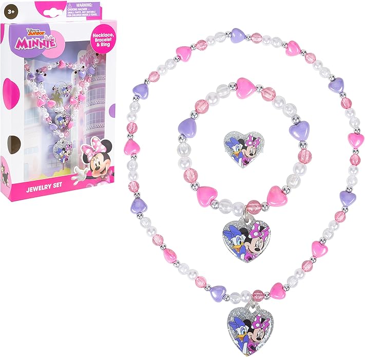 LUV HER Disney Minnie Girls Jewelry Set - Dress up Toy Jewelry Box Sets with Bead Necklace, Bead Bracelet and Ring - Play Accessories - Ages 3+