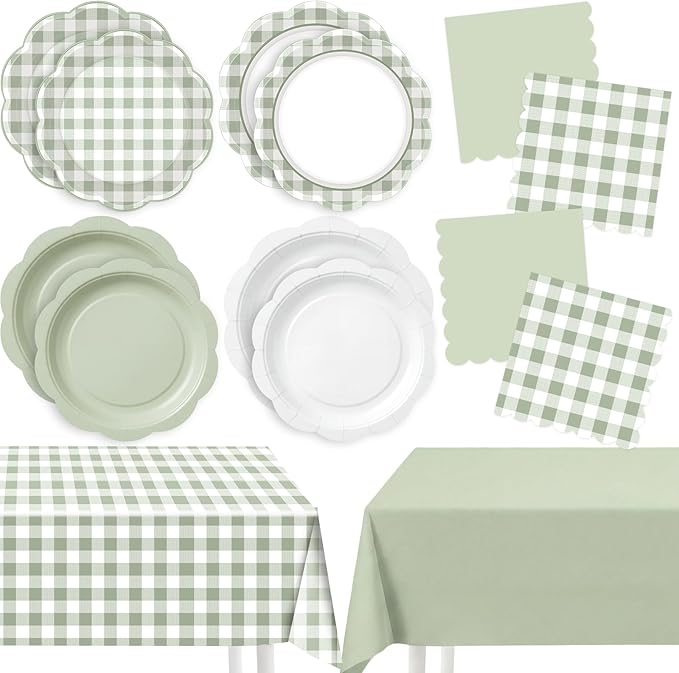 LemonRoad 100 Pcs Sage Green Gingham Paper Plates Napkins Plastic Tablecloth Set for 24, Green White Disposable Dinner Dessert Scalloped Plates for Baby Shower Picnic Birthday Party Supply Decoration
