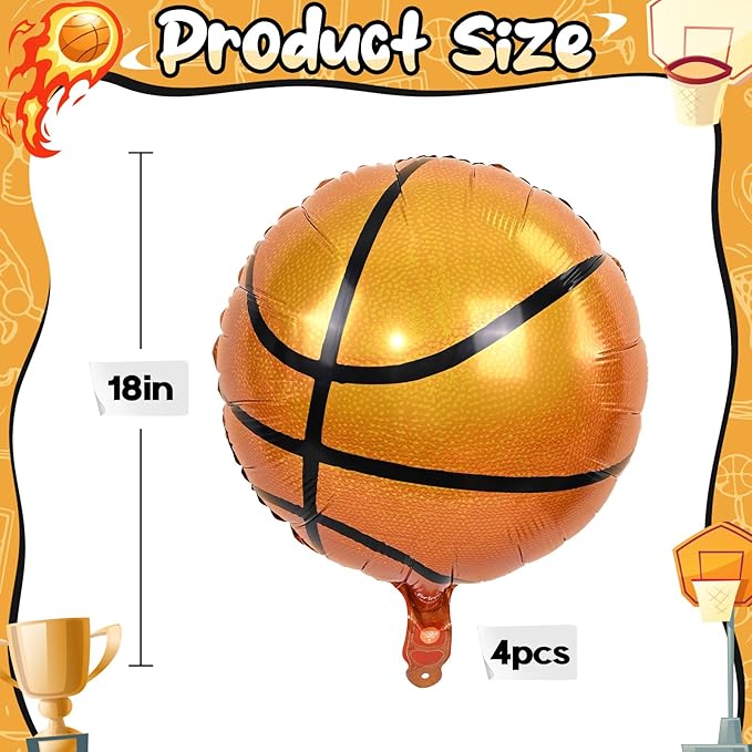18 Inch Basketball Balloons Decor, 4PCS Orange and Black Basketball Foil Balloon for Party Decorations, Mylar Sport Balloons for Boys Men Sports Theme basketball Birthday Party Decorations Supplies