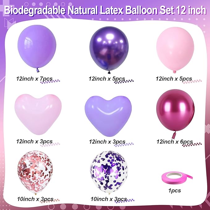 Metallic Hot Pink Magenta Purple Bonfetti Balloons - 12 Inch Pink Heart Balloons for Girls Princess Happy Birthday Party Decorations Baby Shower