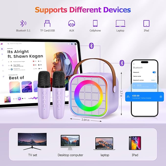 Mini Karaoke Machine with 2 Wireless Microphone, Portable Purple Bluetooth Speaker for Kids, Birthday Teen Toys Gifts Ideas for Girls Ages 4, 5, 6, 7, 8, 9, 10, 12+ Year Old, Family Home Party