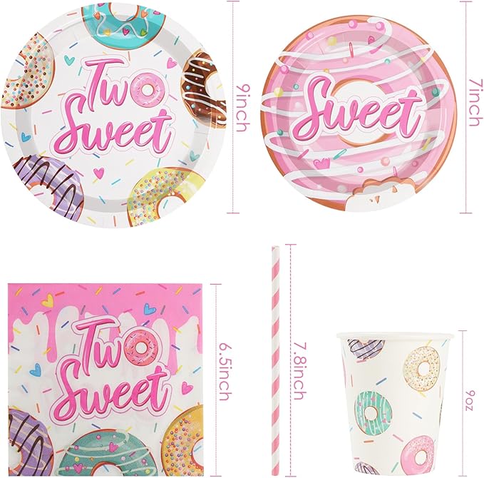 Two Sweet Donut Birthday Party Decorations, 120Pcs Donut Themed 2nd Birthday Donut Party Supplies Disposable and Delightful Tableware Includes Paper Plates, Napkins, Cups and Straws | Serves 24