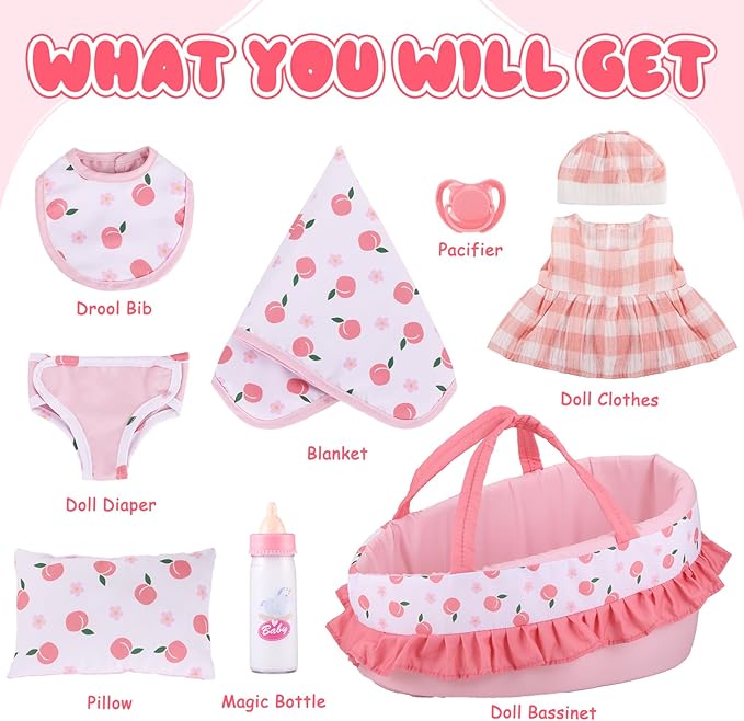 GAGAKU Baby Doll Bassinet Carrier, 12 Inch Baby Doll Accessories Set, Baby Doll Carrier Accessories for 12 Inch Baby Dolls, Including Magic Baby Bottle, Bib, Pacifier, Diaper