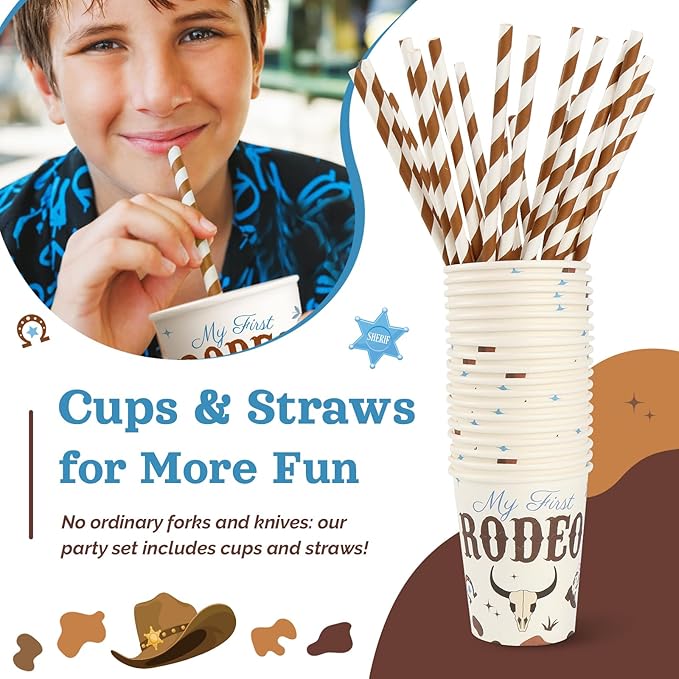 My First Rodeo Birthday Party Decorations, 120Pcs Cowboy 1st Rodeo Themed Party Supplies Disposable and Western Tableware Includes Paper Plates, Napkins, Cups and Straws | Serves 24