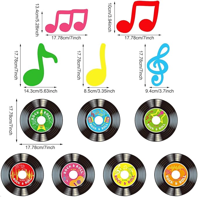 Sumind 30 Pcs 1950's Rock and Roll Music Party Sock Hop Decorations Vinyl Record Note Cutout Wall Decor Sign with Hanging Swirls Ceiling Decor for 50's Theme Rock Music Video DJ Party Supplies 7 Inch