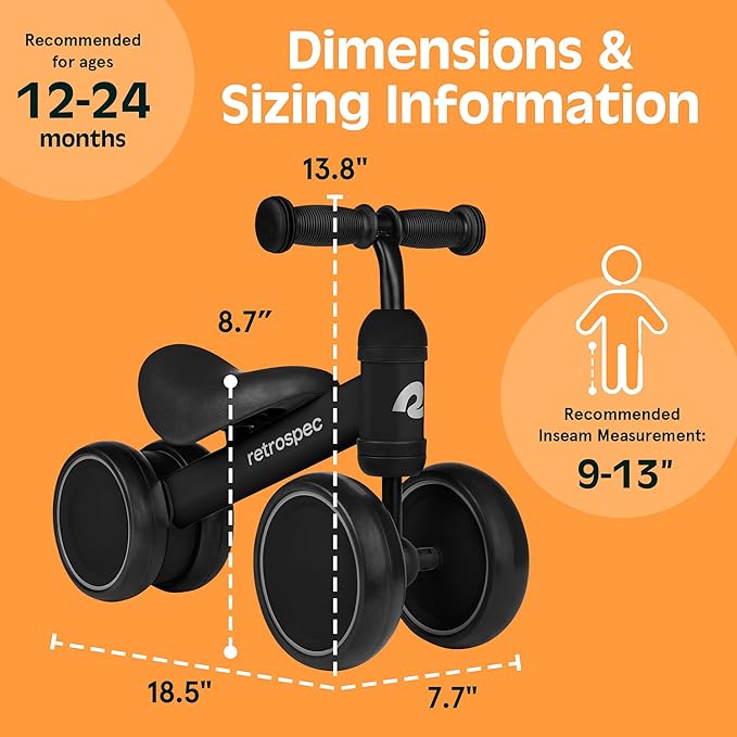 Retrospec Cricket Baby Balance Bike, 4-Wheel Ride-On Toy for Ages 12-24 Months – First Bike & Toddler Bike for 1 Year Old Boys & Girls, First Birthday Gift