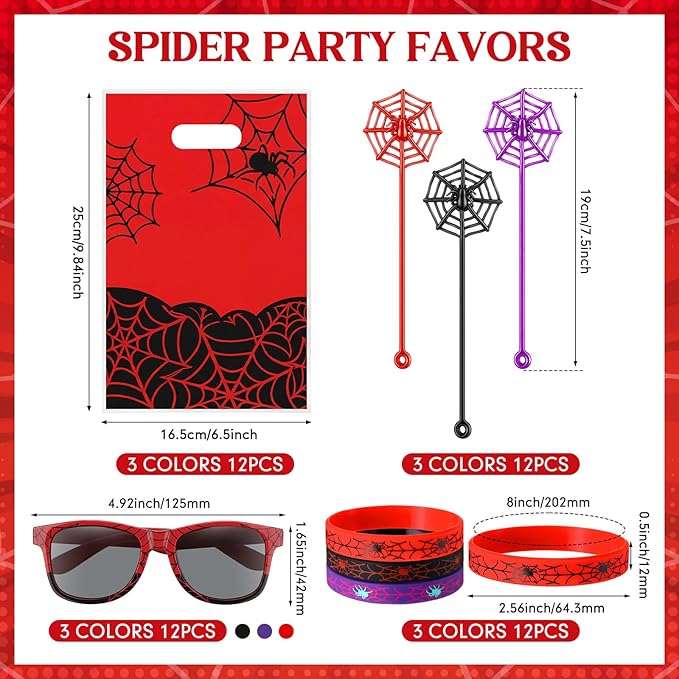 Soulchen 48 Pieces Spiderweb Birthday Party Decoration Set Spiderweb Gift Bags Spider Silicone Bracelet Sunglasses Cobweb Sticky Hands Toys for Birthday Party Supplies Favors (Vibrant)