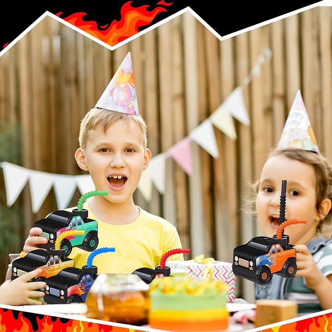 Tanlade 24 Set Monster Truck Road Cups with Straws, Plastic Vehicle off Road Drink Cup Reusable Truck Cups Bulk Race Car Birthday Party Favor Supplies for Racing Party Supplies (Splicing Color)