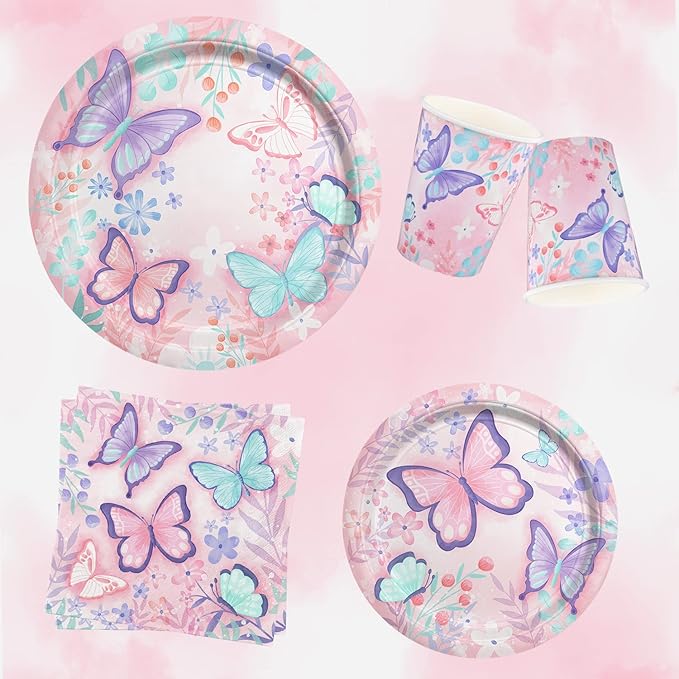 Butterfly Birthday Party Supplies Disposable Paper Plates Napkins and Cups for Butterfly Girl Party Birthday Decorations, Serve 16