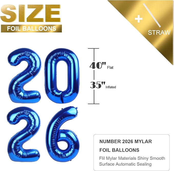 2026 Balloons New Years Eve Eve Decorations, 40 Inch Number Balloon, Dark Blue Balloons for New Years Eve Party Supplies 2026, Graduation Decoration, 2 6 20 26 Birthday Parties