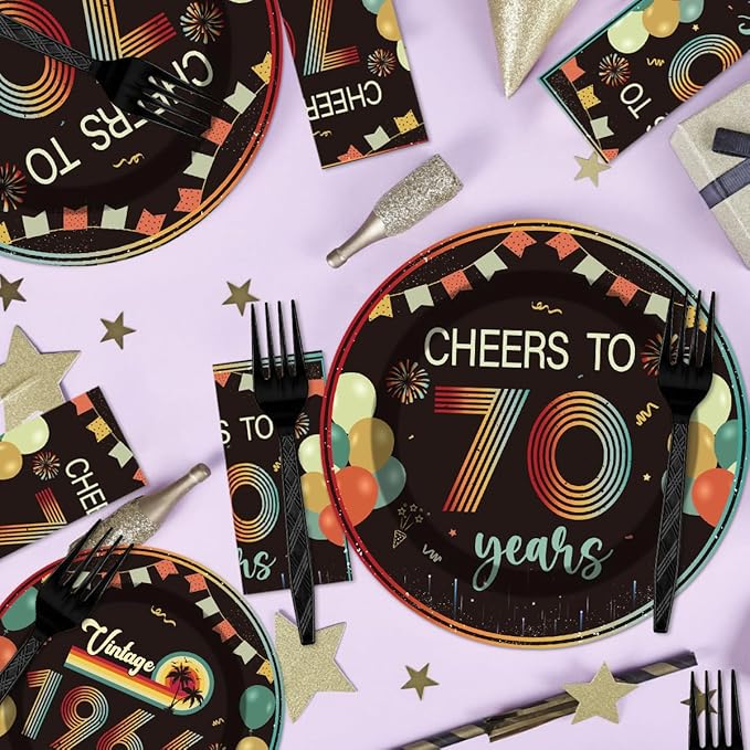 96Pcs Vintage 70th Birthday Decorations Tableware Set Back in 1956 Paper Plates Napkins Forks Cheers to 70 Years Disposable Tableware Decor for Women Men 70th Birthday Party Favor Serve 24 Guests