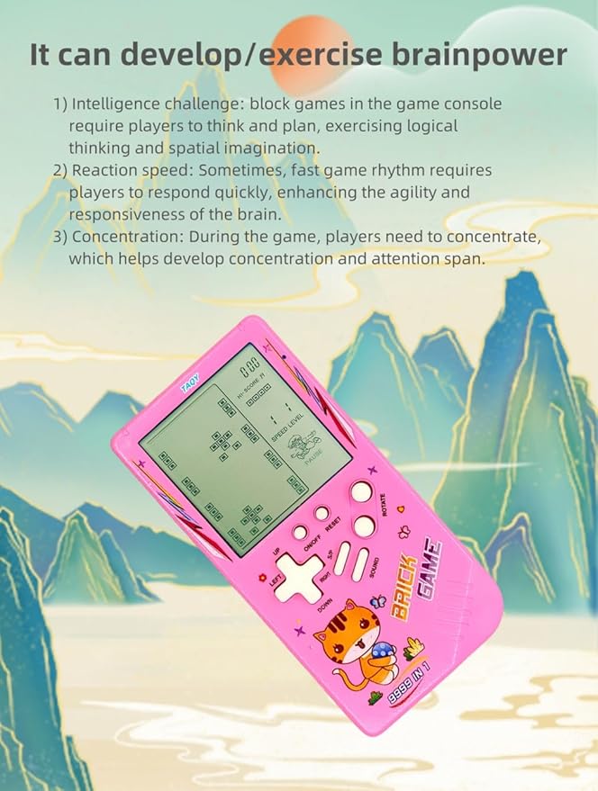 Cute Cat Pattern Block Game Console 23 Brick Games Racing/Tank Battle Retro Mini Game Machine Children's Game Console 70/80/90's Nostalgic Gifts Puzzle Toy Handheld Portable Game Device (Blue)