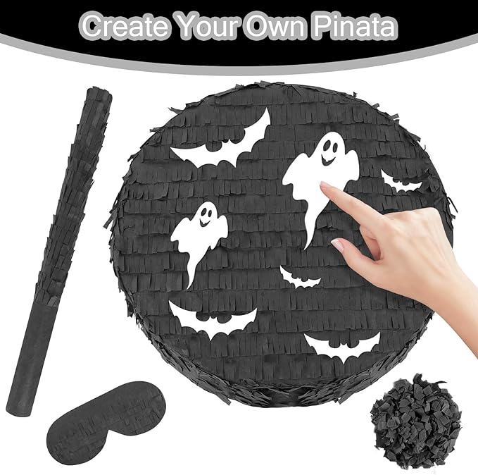 Black Round Pinata with Stick Blindfold and Confetti DIY Blank Pinata for Adults Kids Birthday Party Supplies Christmas Carnivals Decorations